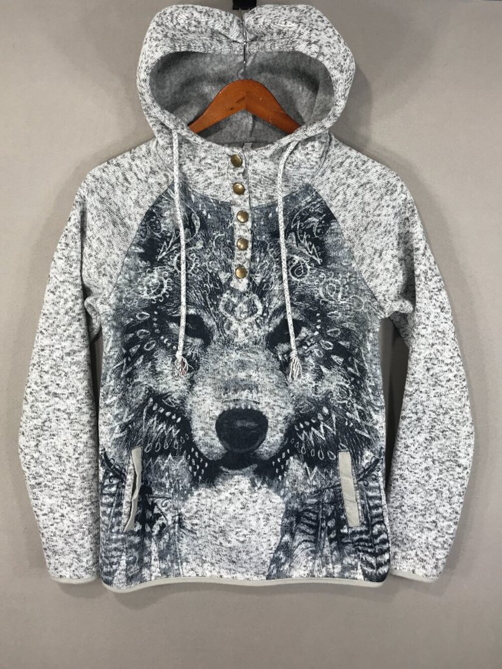 Unbranded Hoodie Youth Small Gray Wolf Tribal Raglan Pullover Sweatshirt Pockets